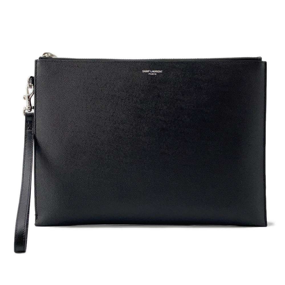 Saint Laurent Paris Clutch Bag Zip Tablet Holder Leather Black